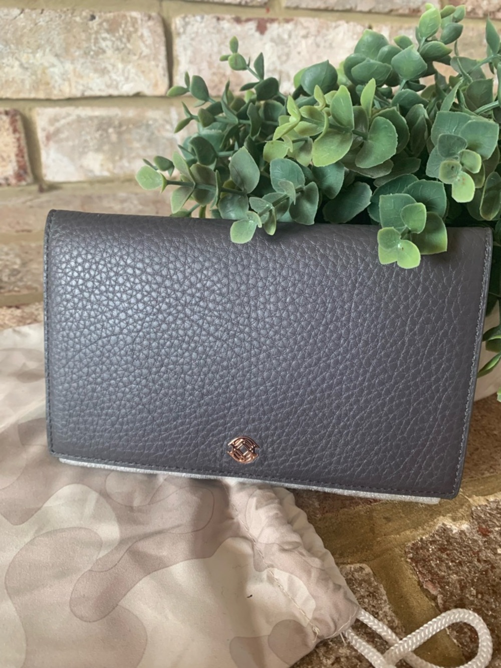 Dagne Dover | Graphite Gray Pebbled Leather Wallet with Rose Gold Logo | NEW